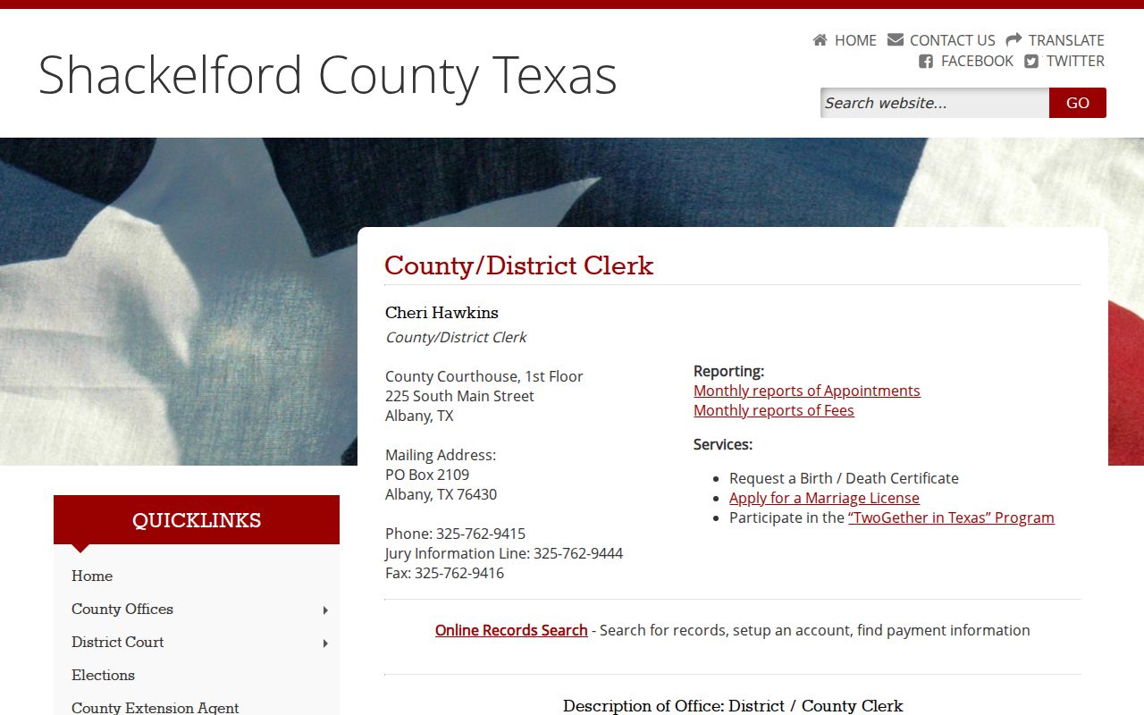 Shackelford County warrant records clerk contact and records link